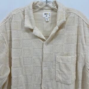 H&M Smiley Face Button Up Shirt Men XL Beige Geometric Square Print Short Sleeve